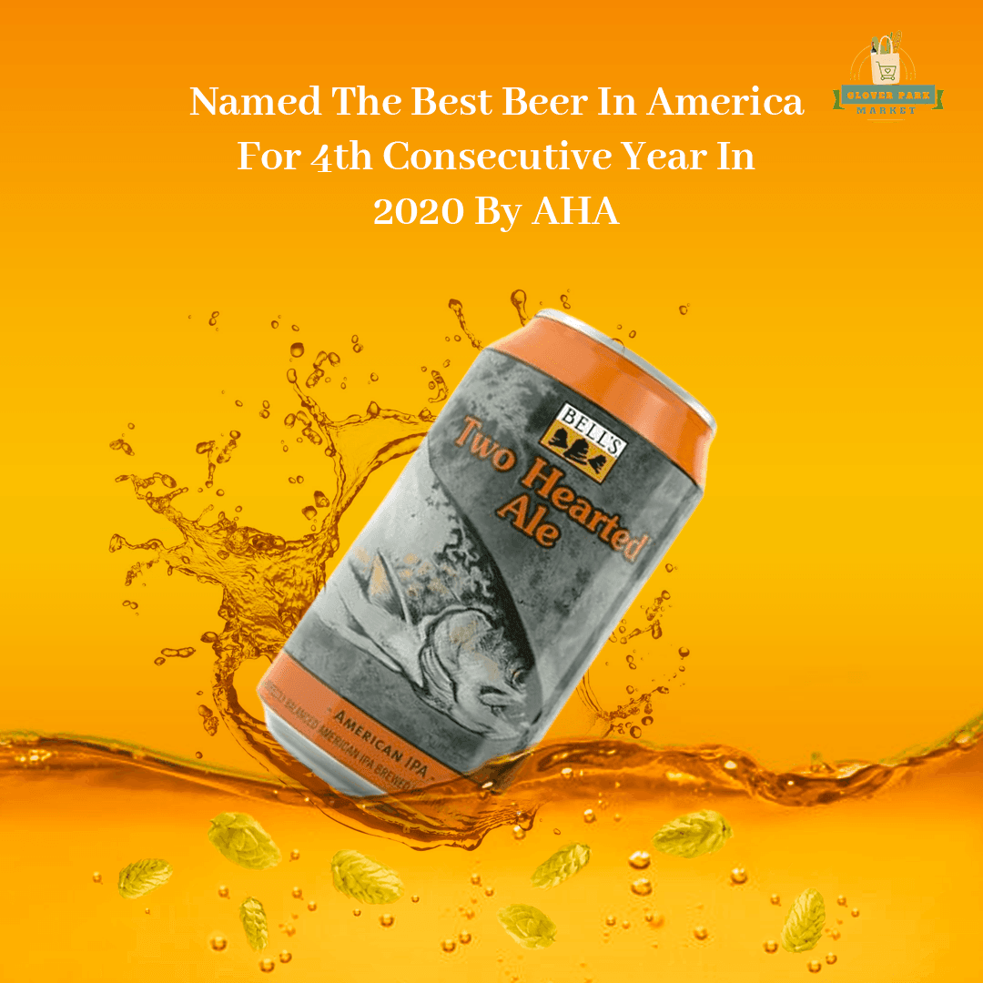 A promotional graphic for Bell's Two Hearted Ale, featuring the can with hop illustrations.