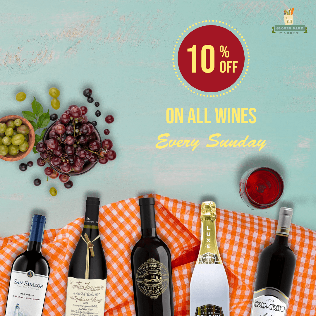 A promotional graphic for a wine sale, featuring a bottle of red wine and elegant text.