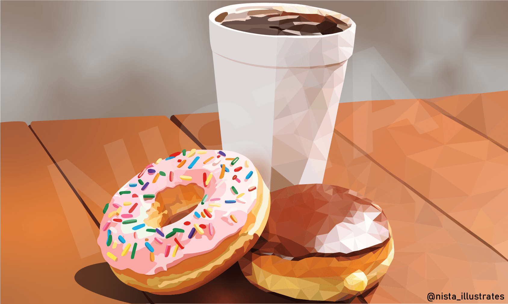 Vector illustration of a donut and a cup of coffee.
