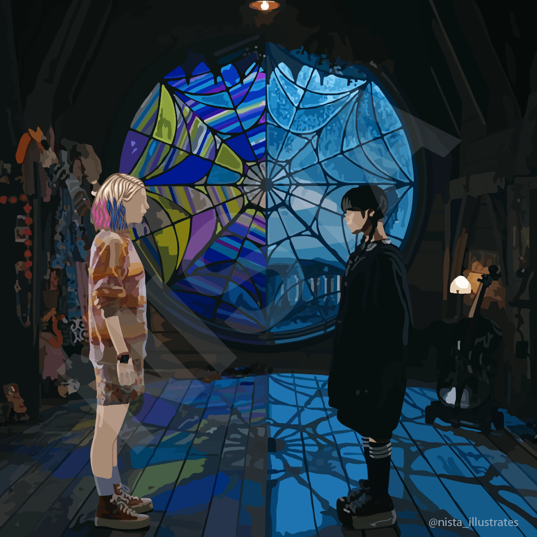 Vector illustration of Wednesday Addams from the Netflix series Wednesday.