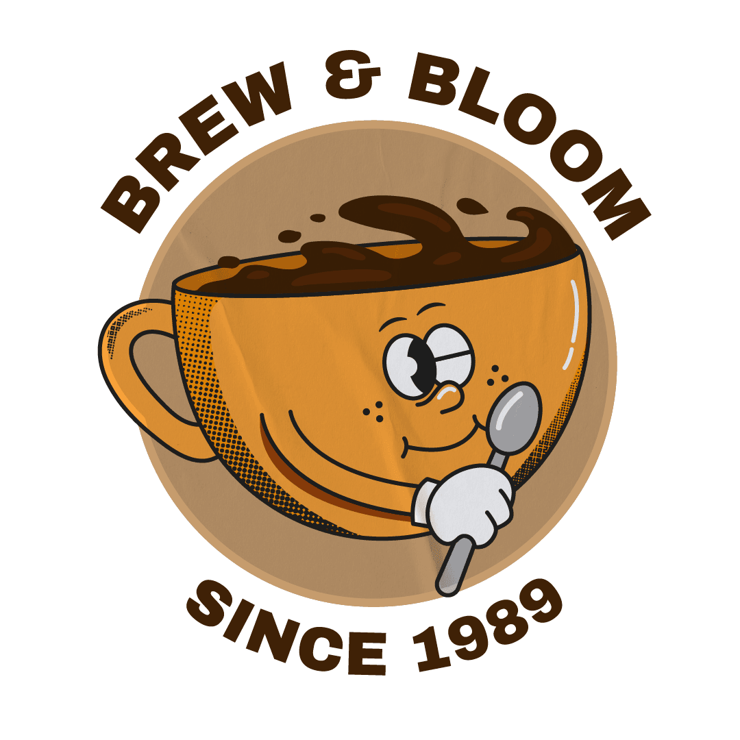 A logo design for Brew & Bloom, combining a coffee bean and a flower.