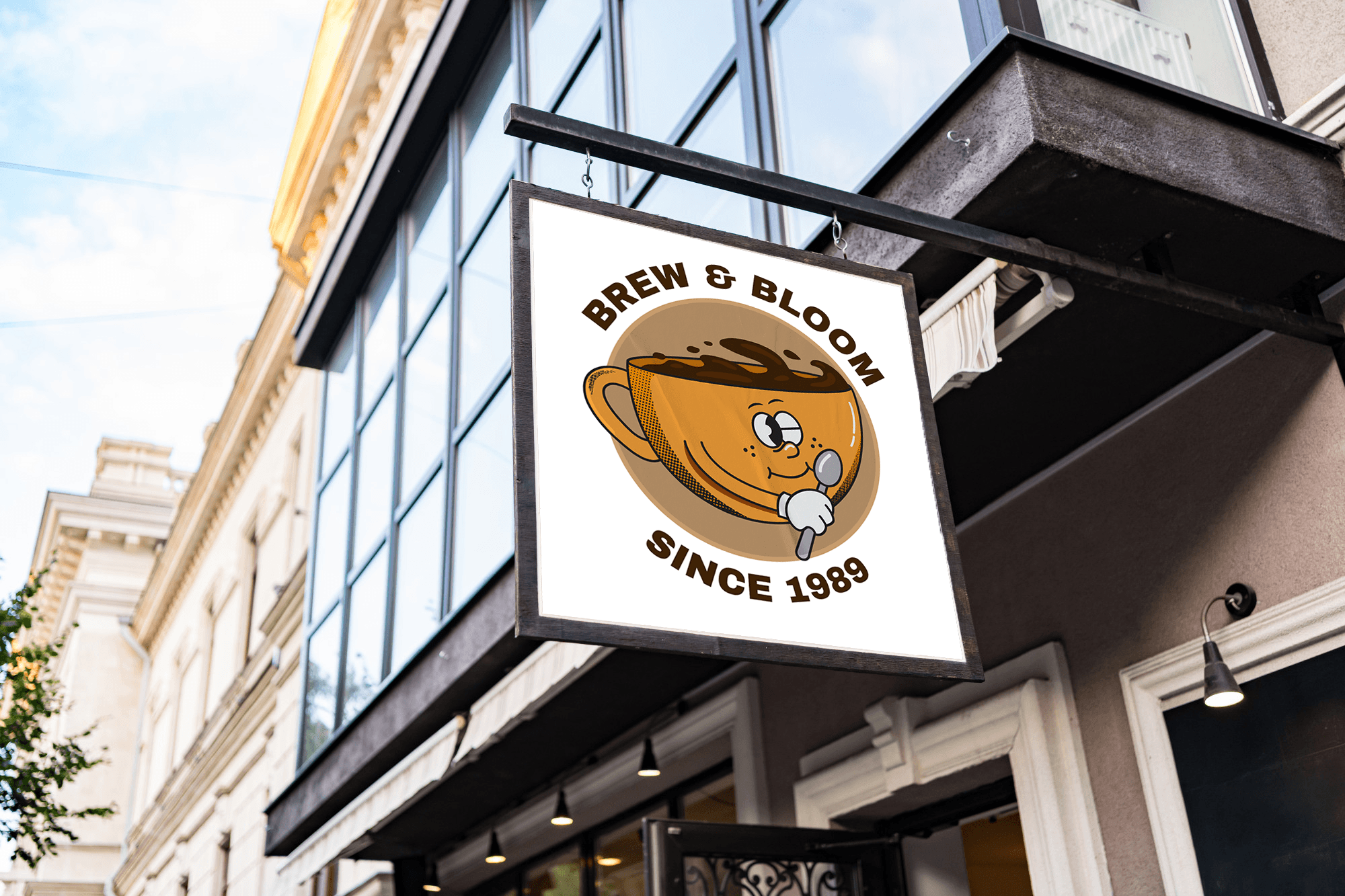 Storefront sign mockup for Brew & Bloom.