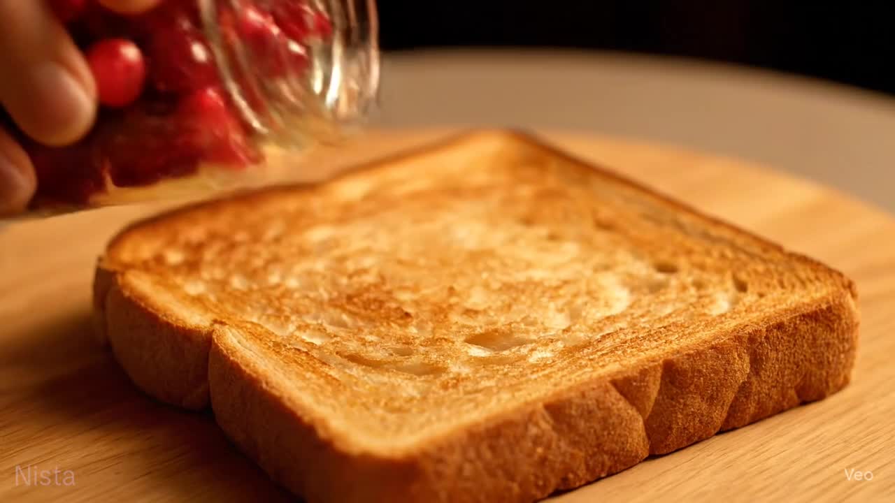 AI-generated video of jam spreading on bread.