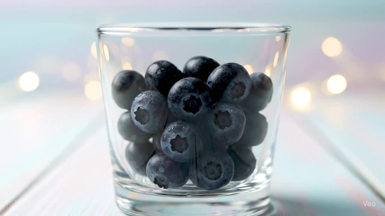 AI-generated video of blueberries crushing.