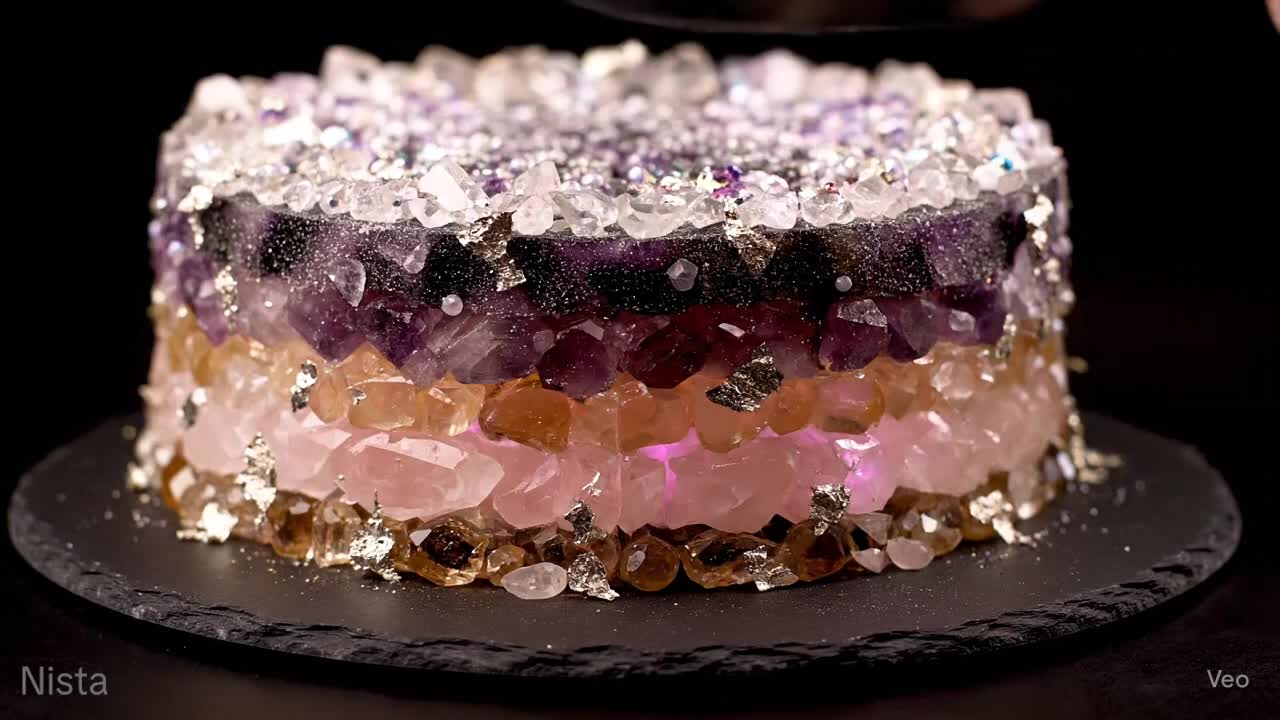 AI-generated video of a crystal cake being cut.