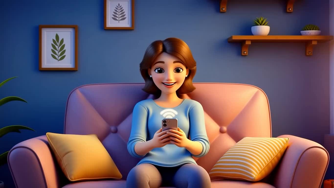 AI-generated animated video of a woman on a sofa connecting to Wi-Fi on her phone.